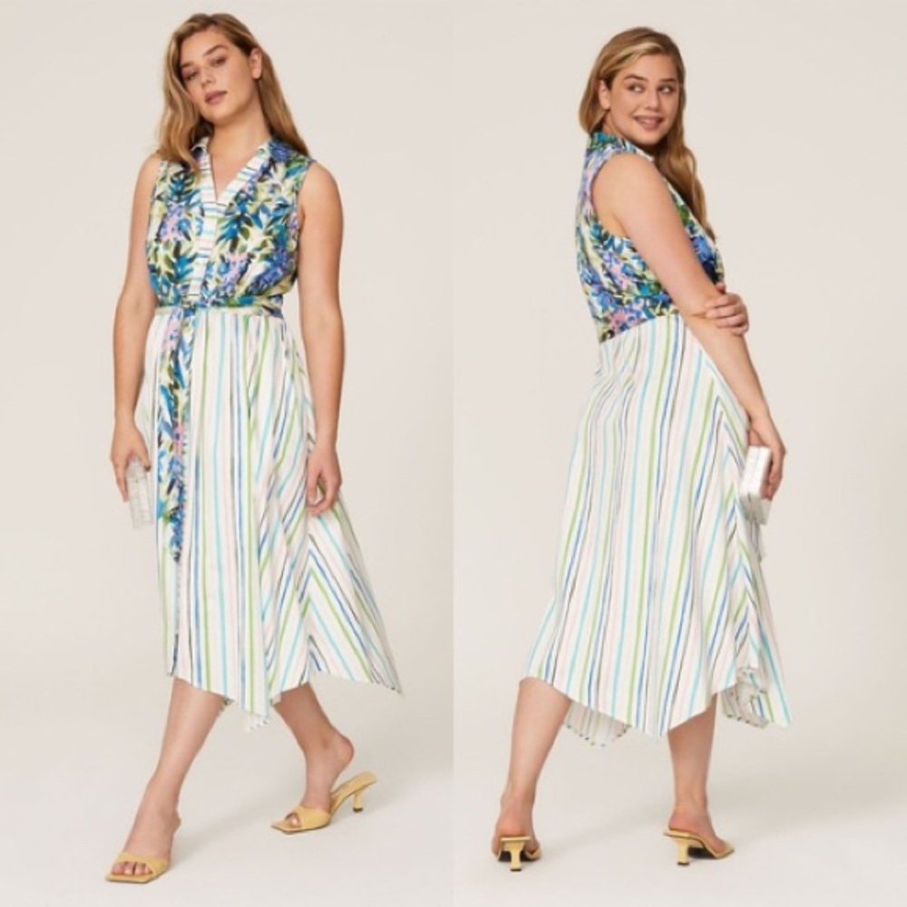 Badgley Mischka Floral Stripe Midiβ Dress 8 Tie Waist Sleeveless resort